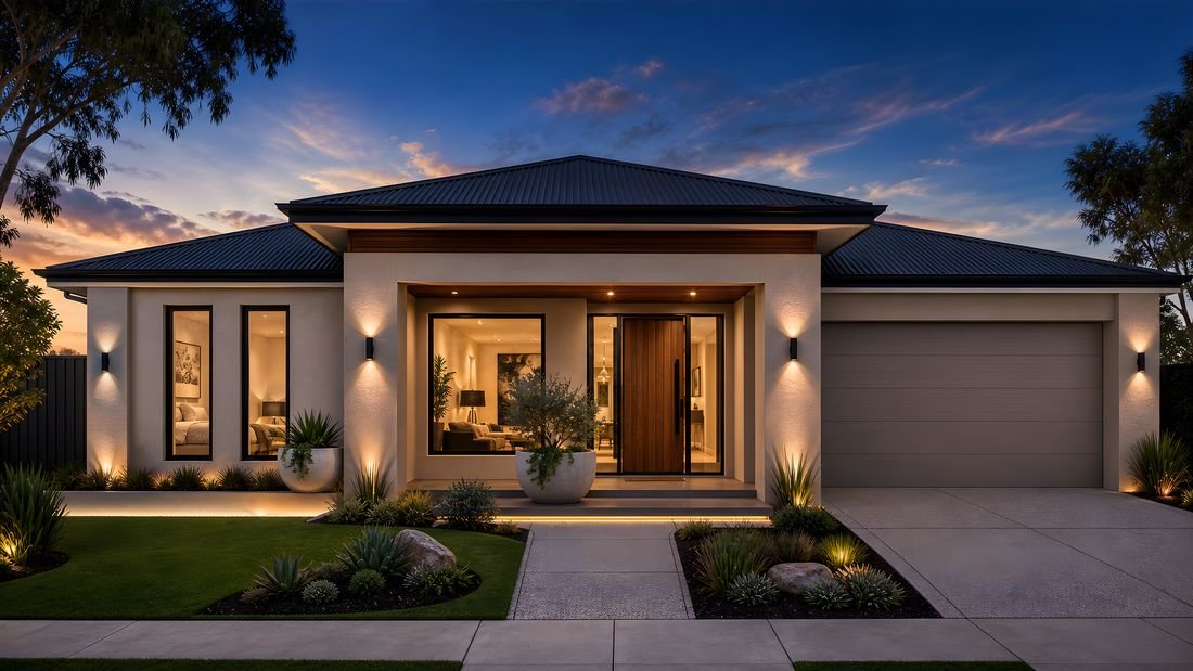 Photorealistic twilight render of the same elevation