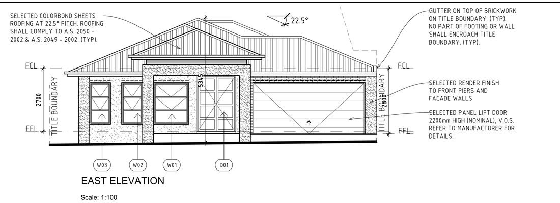 Working drawing, east elevation at 1:100